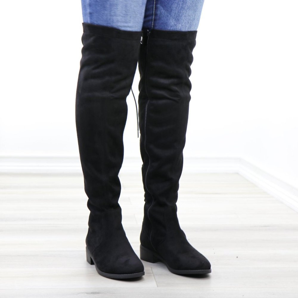 Low Heel Faux Suede Black Thigh High Boots - Picture 3 of 14